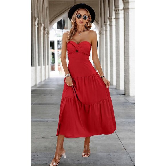 Women's Summer Strapless Maxi Dress Lightweight Off Shoulder Smocked Casual - Picture 3 of 8